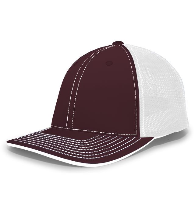 Maroon and white trucker hat.