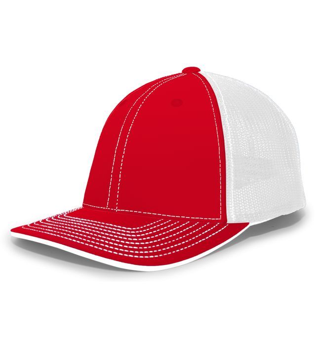 Red and white baseball cap with white mesh back.