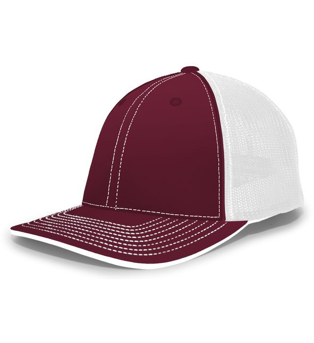 Maroon and white baseball cap with white stitching.