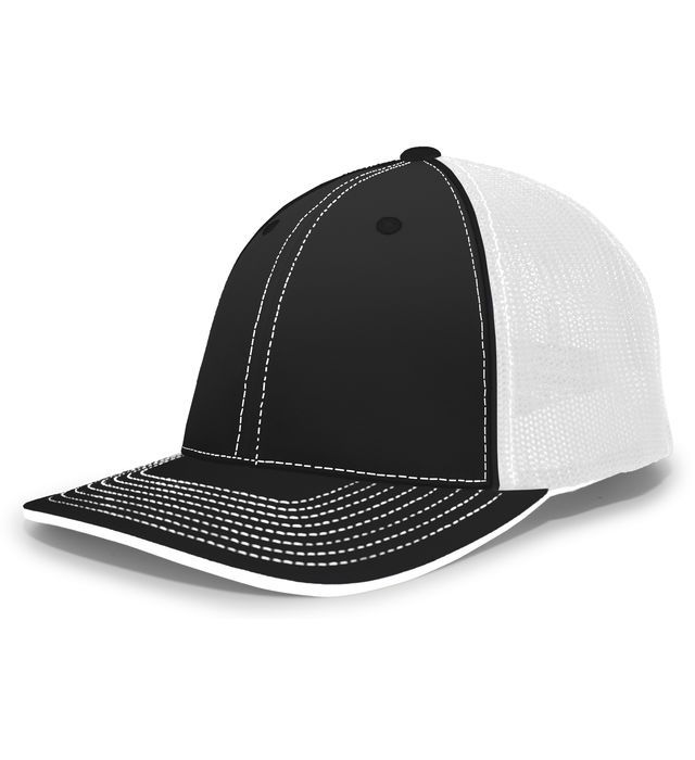Black and white trucker hat with mesh back and white stitching.