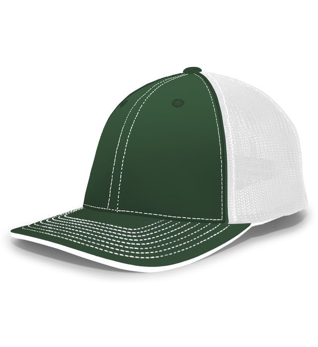 Green and white baseball cap with mesh back, white stitching, and a white brim.