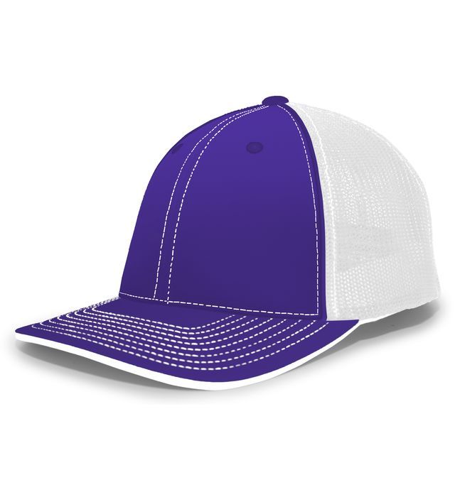 Purple and white baseball cap with white mesh back.