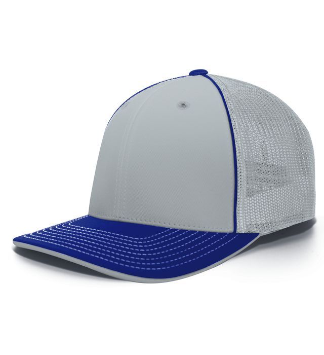 Gray and blue trucker hat. Blue brim and piping, gray front panel and mesh back.