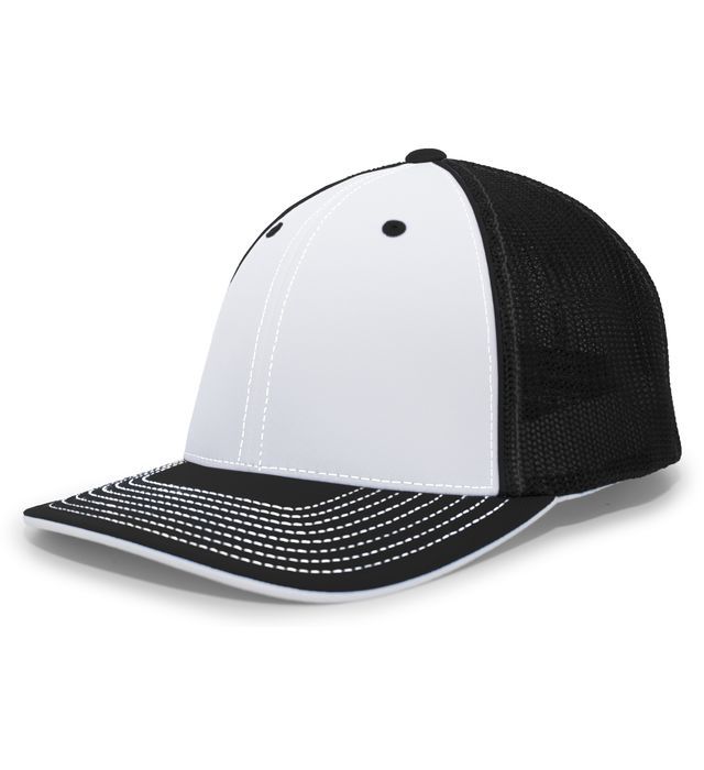 White and black baseball cap with mesh sides and a stitched bill.