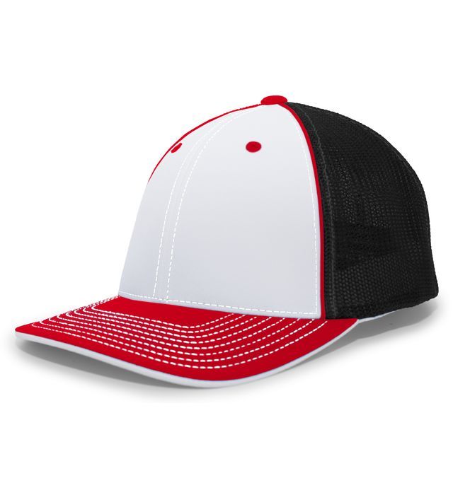 White, red, and black baseball cap with a mesh back.