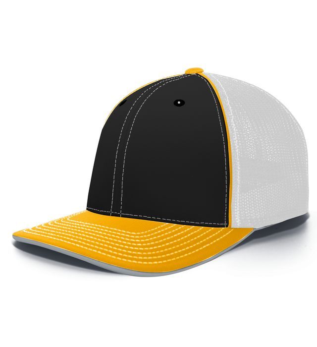 Black, yellow, and white trucker hat.