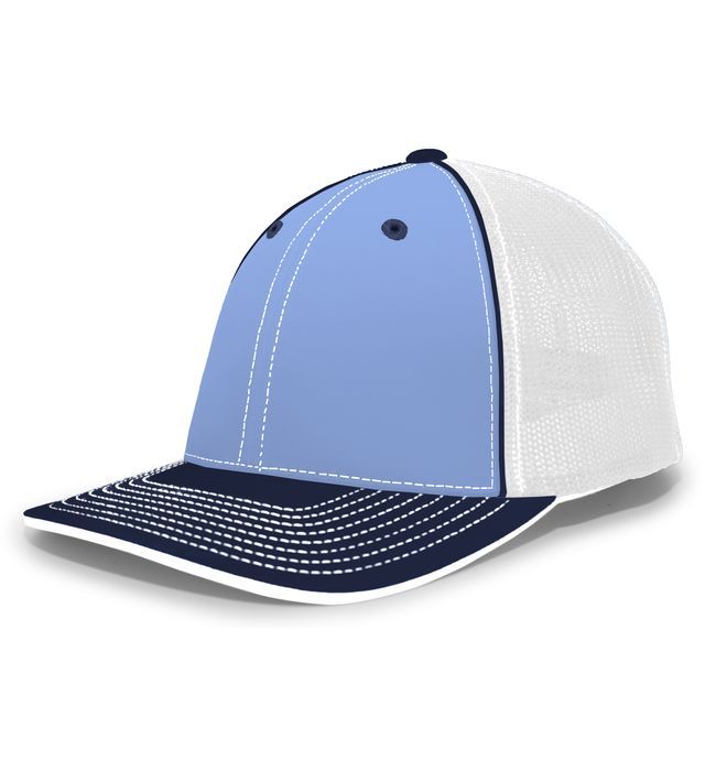 Light blue and white baseball cap with navy trim and mesh back.
