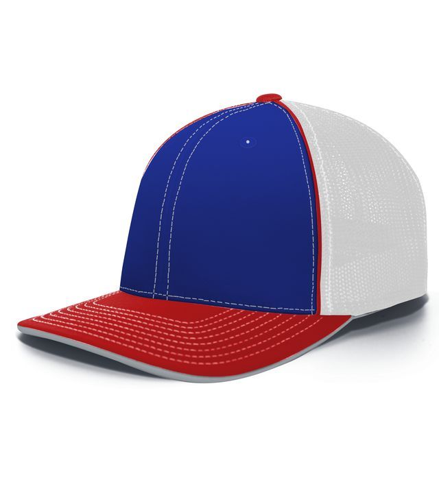 Blue, red, and white baseball cap with mesh backing.