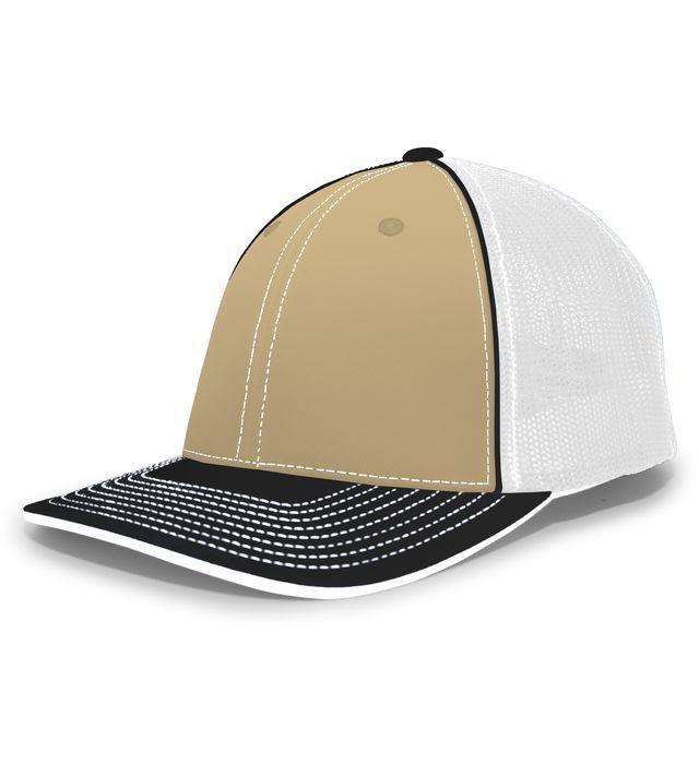 Tan and white trucker hat with black brim and trim.