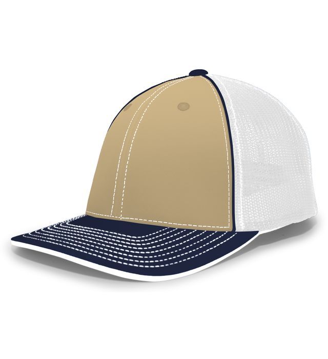 Tan and white trucker hat with a navy blue bill.