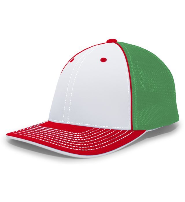 White, red, and green baseball cap with a curved brim.