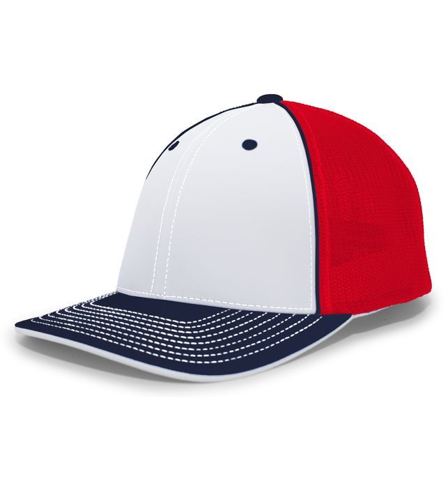 Red, white, and navy blue baseball cap with a curved brim and stitched details.