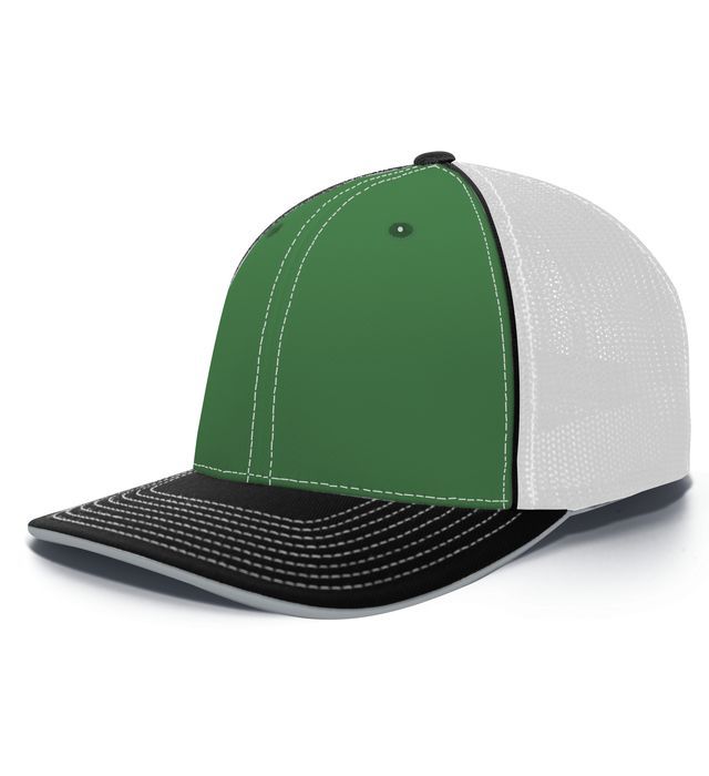 Green, black, and white baseball cap with mesh back.