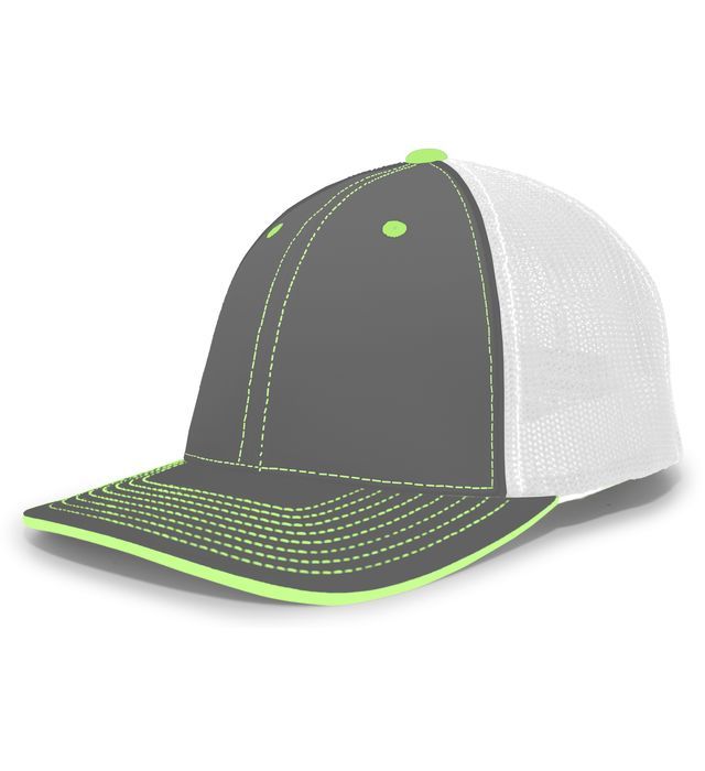 Gray and white trucker hat with neon green accents.