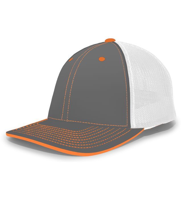Gray and white mesh baseball cap with orange accents.