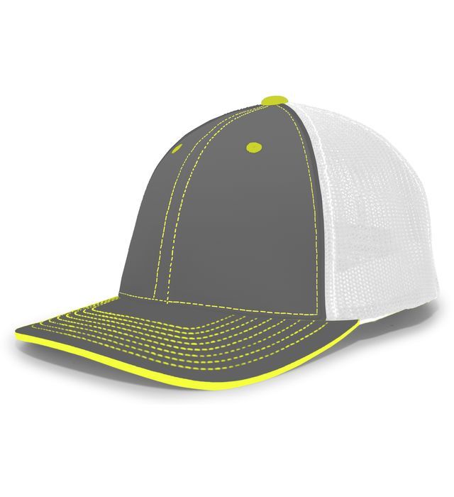 Gray and white trucker hat with neon yellow brim, stitching, and button.