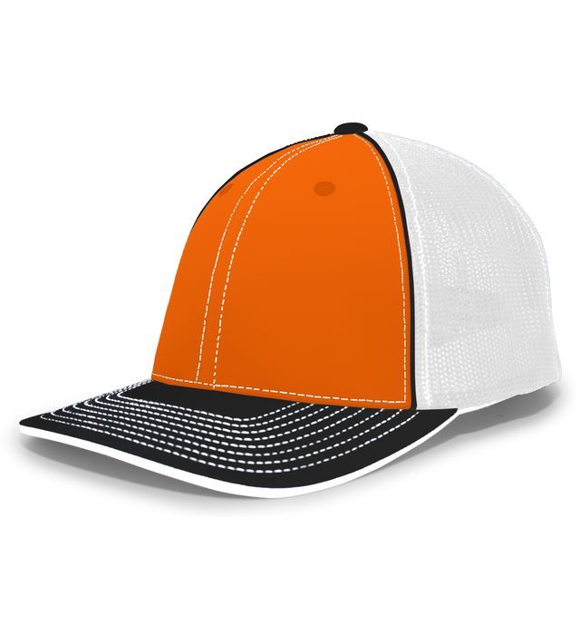 Orange and white baseball cap with a black brim.
