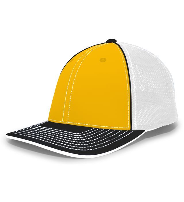 Yellow and white baseball cap with a black brim.