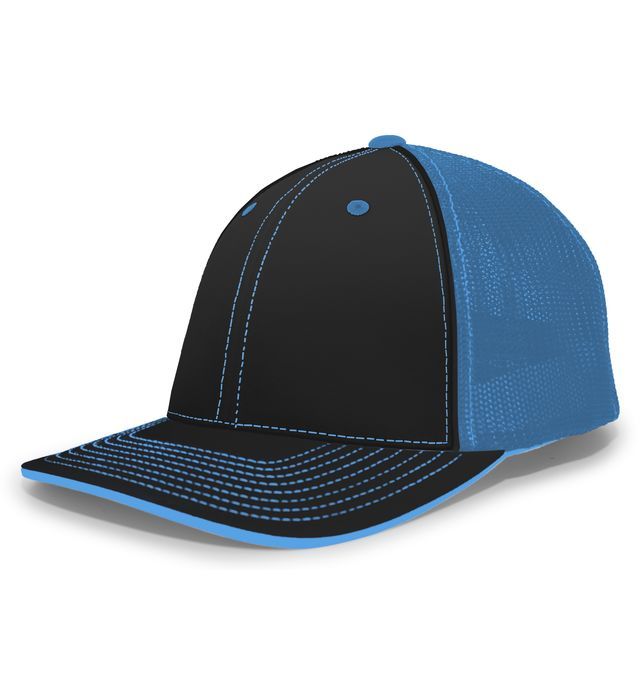Black and blue baseball cap with a mesh back.