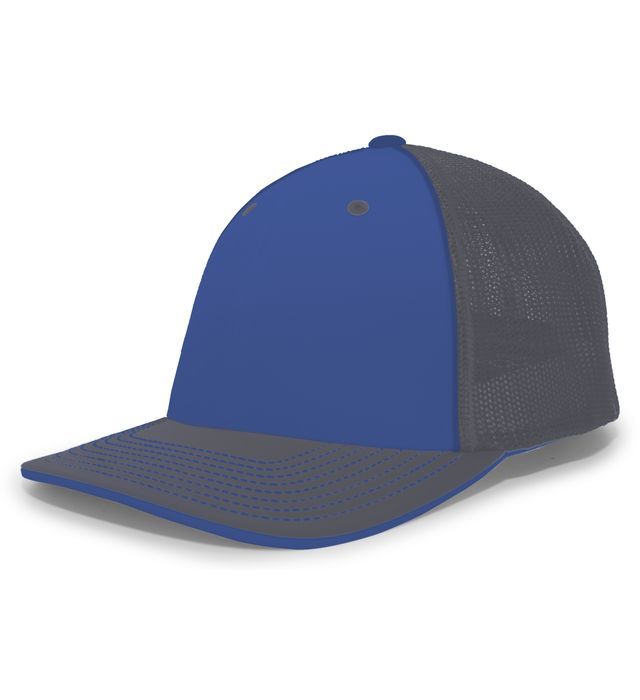 Blue and gray baseball cap with mesh backing.