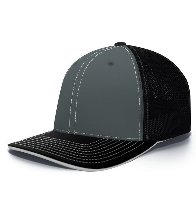 Black and gray trucker hat with white stitching.