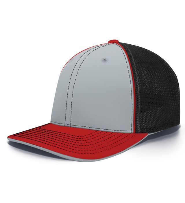 Gray, red, and black baseball cap with mesh backing.