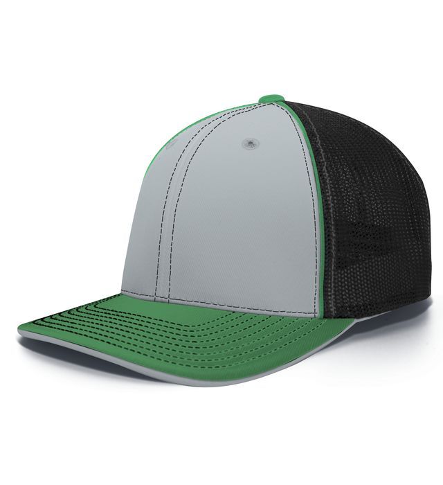 Gray and green baseball cap with a black mesh back.