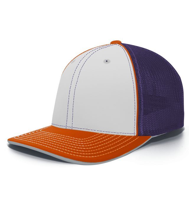 Orange-brimmed white hat with purple mesh sides.