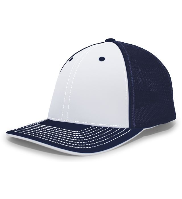 Navy and white baseball cap with mesh back and curved brim.