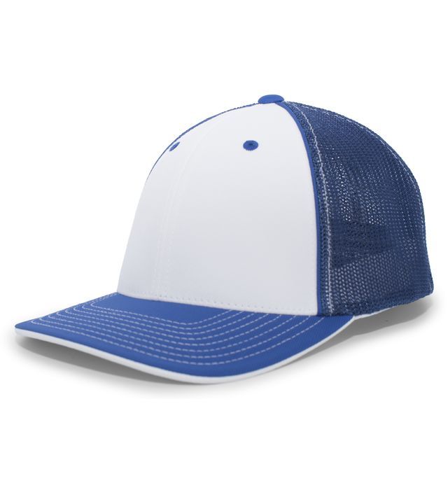White and blue trucker hat. White front panel, blue brim and mesh back.