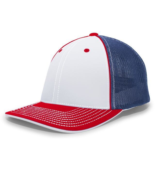 White and red cap with blue mesh sides; red trim and brim.