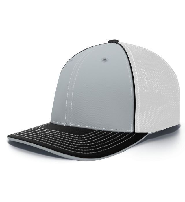 Gray and black trucker hat with white mesh back and black brim.