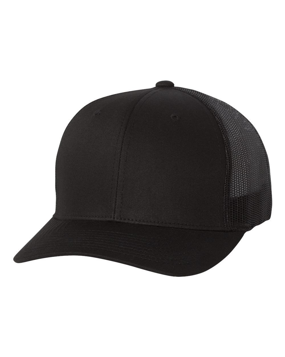 Black trucker hat with a curved brim and mesh back.