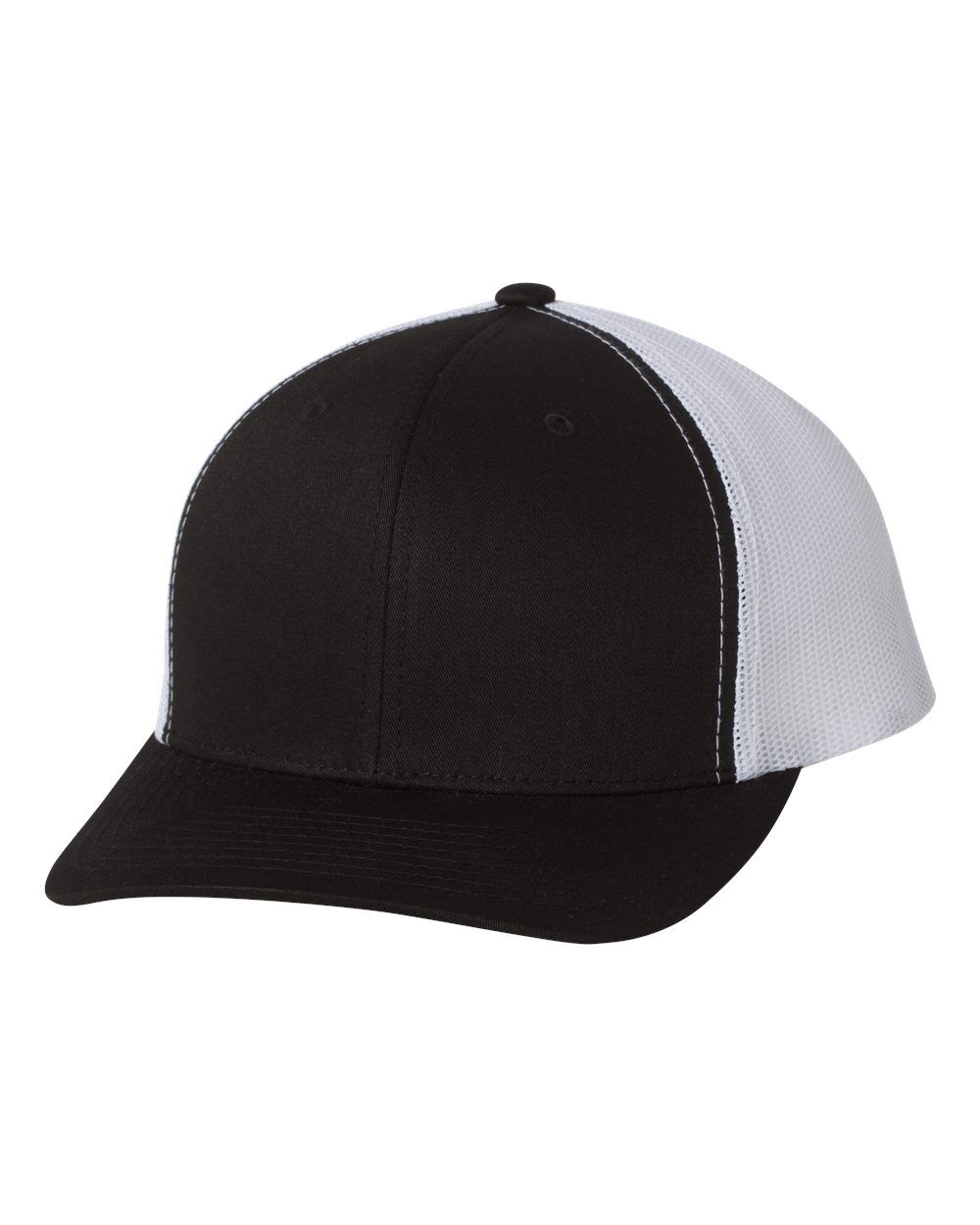 Black and white baseball cap with a mesh back, and a curved brim.
