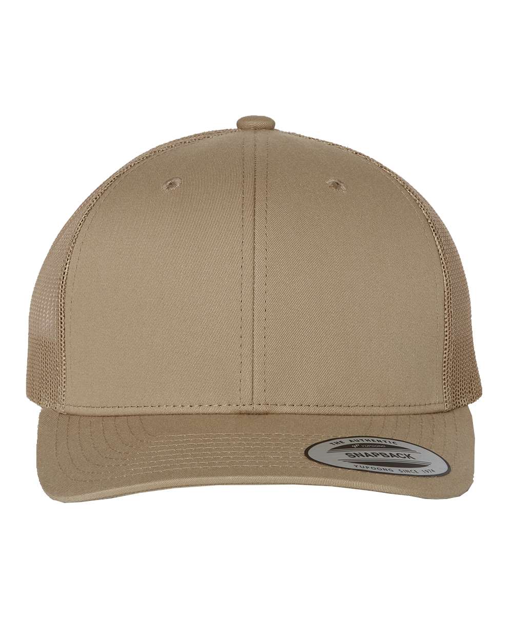 Tan trucker hat with mesh back and curved brim.