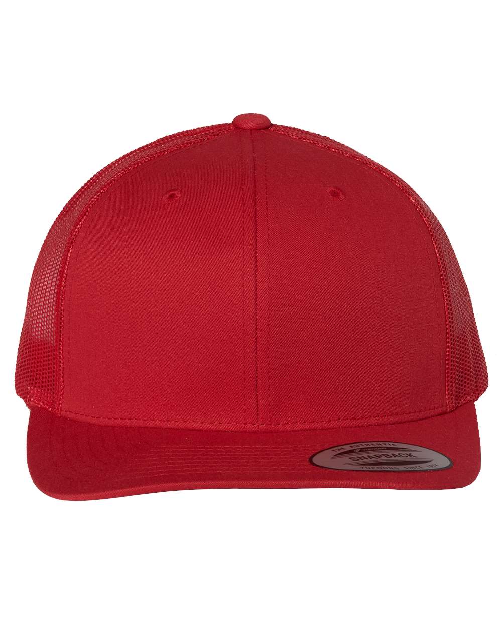Red trucker hat with mesh back and curved brim.