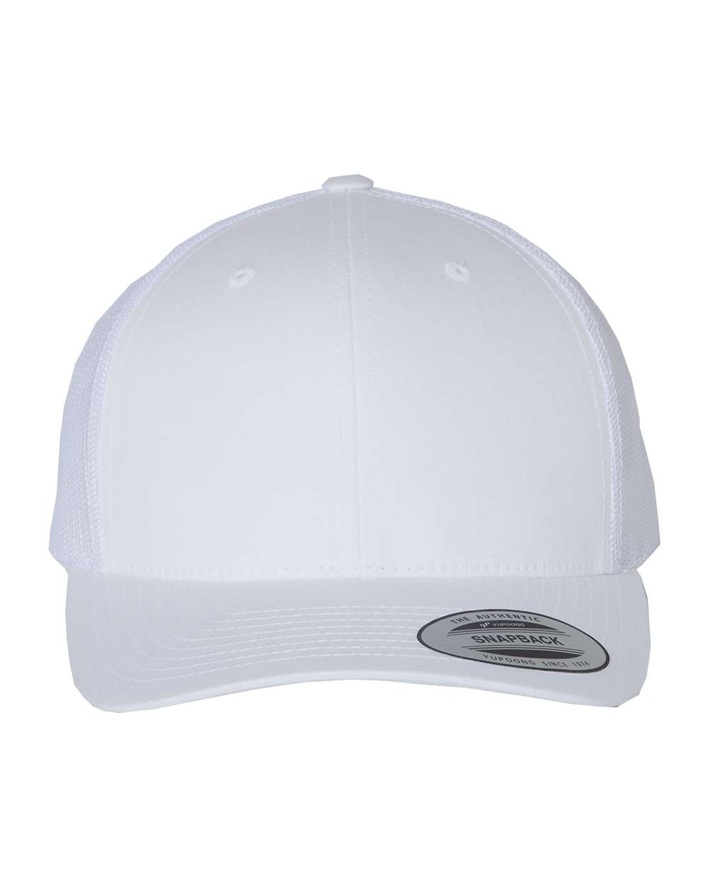 White baseball cap with a curved brim, mesh back, and a small logo on the brim.