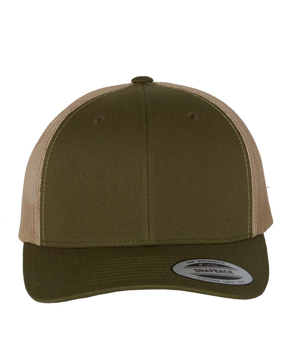 Olive green and tan trucker hat.