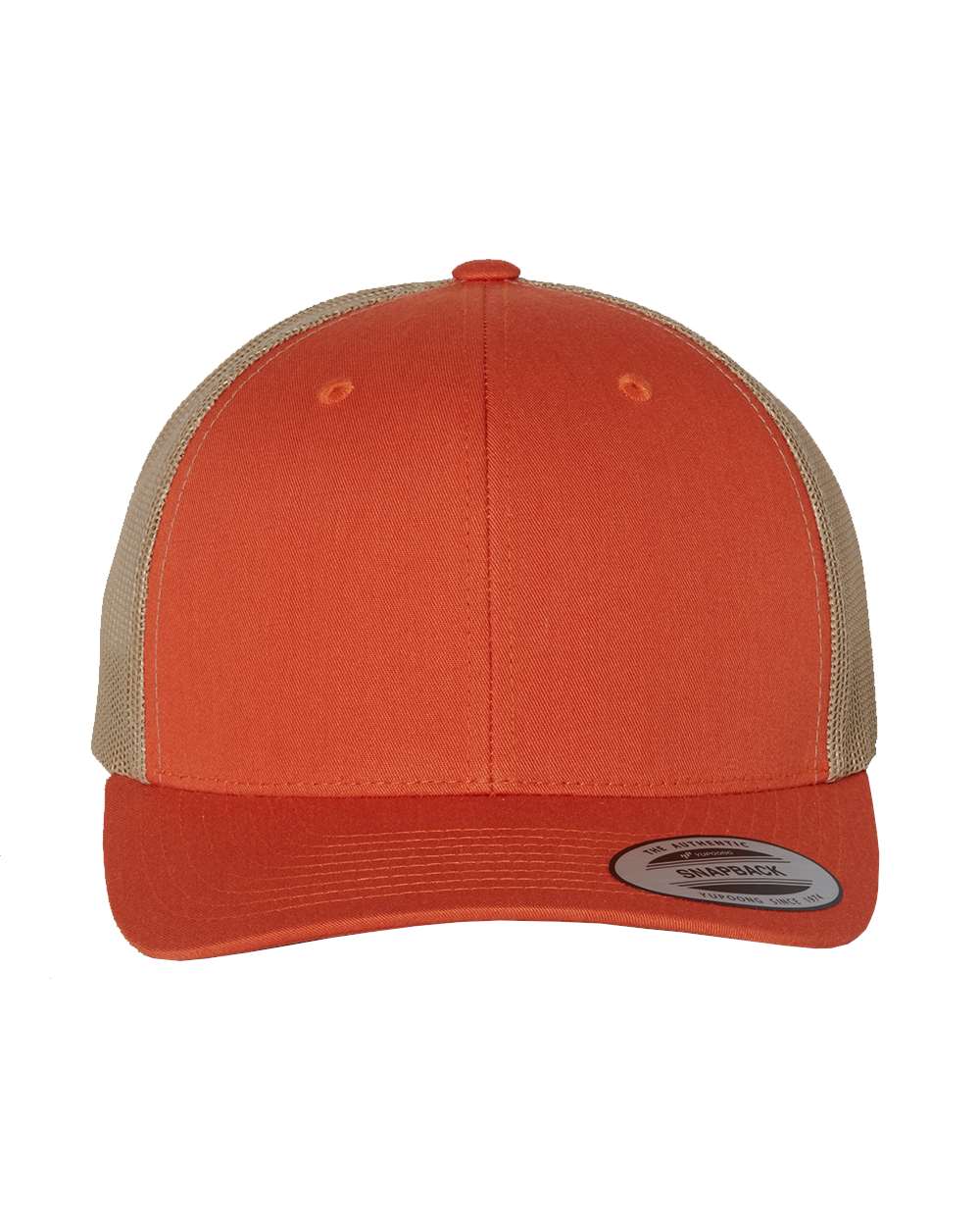 Orange and tan baseball cap with a curved brim and mesh backing.