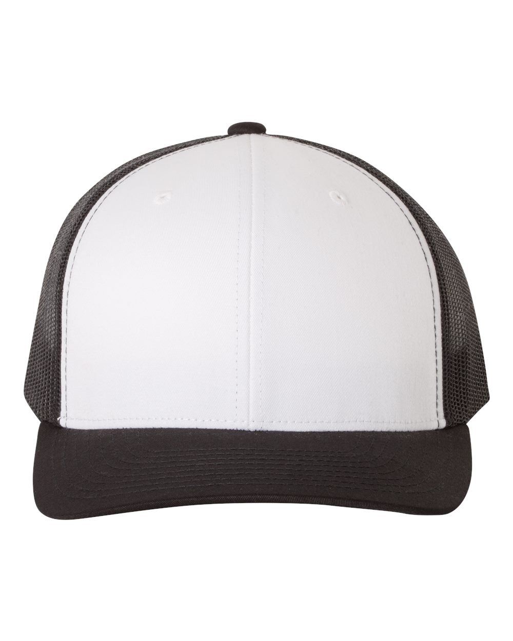Black and white trucker hat. Black brim and mesh, white front panel.