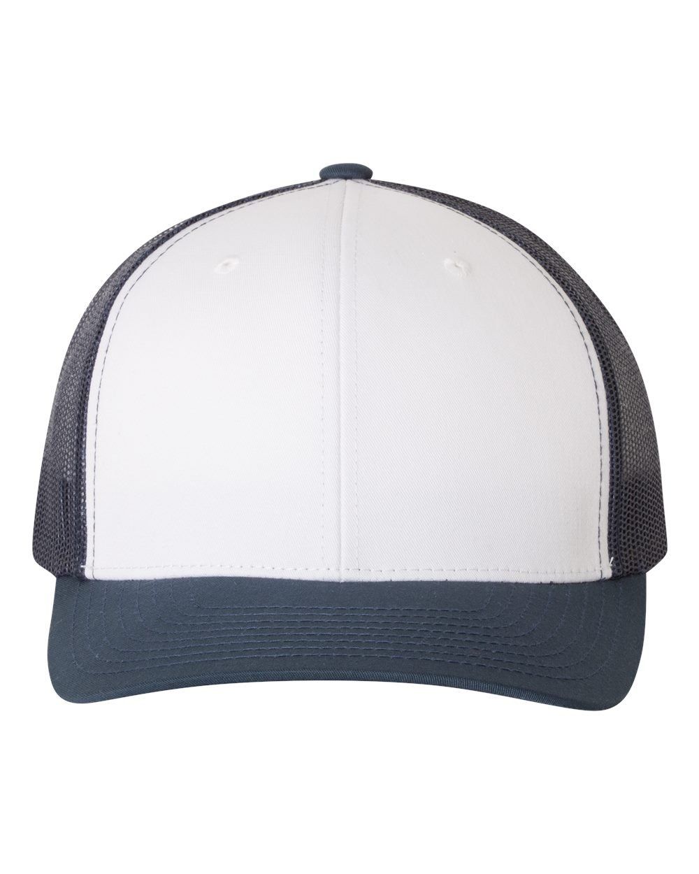 White and blue baseball cap with mesh back.