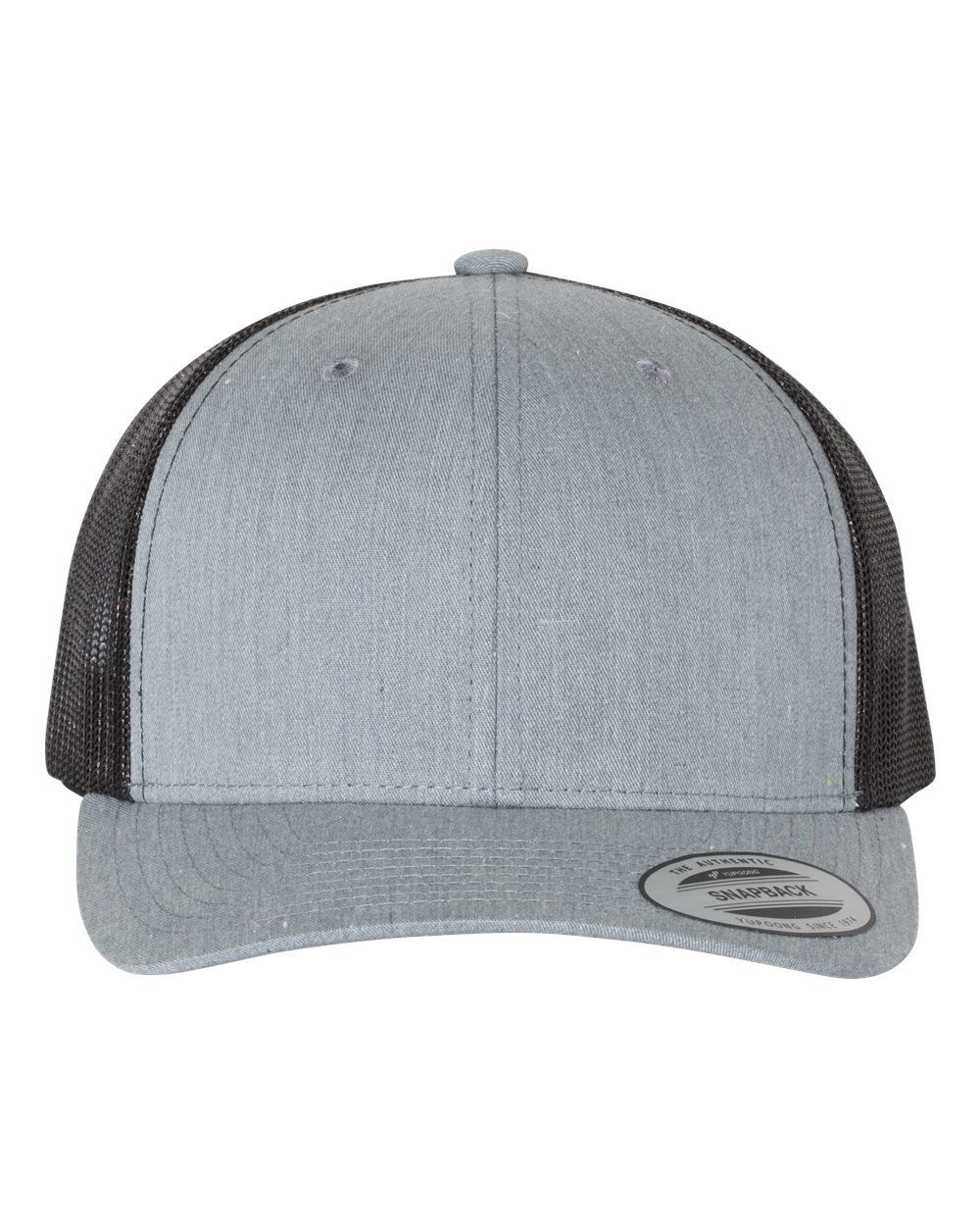 Gray and black trucker hat with a curved brim.