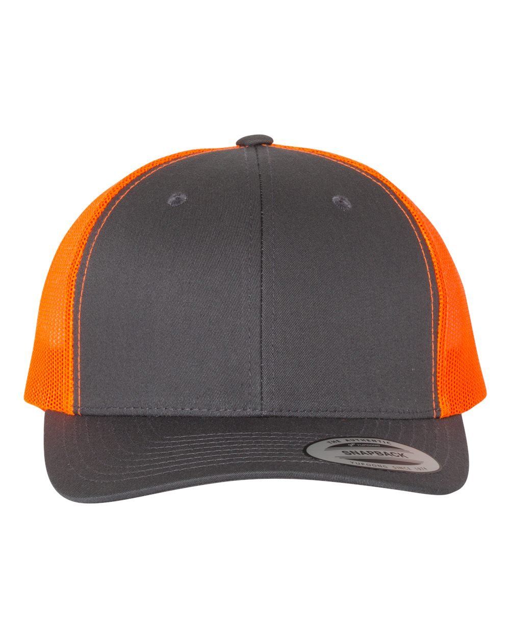 Gray and orange trucker hat with a curved brim.