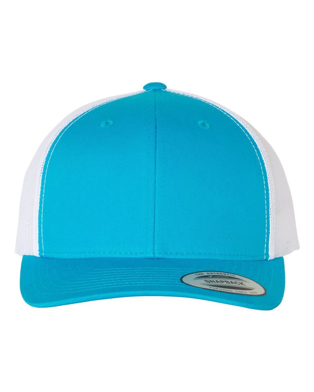 Turquoise and white baseball cap with a curved brim.