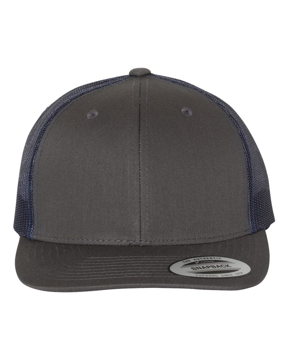 Gray and navy blue trucker hat.