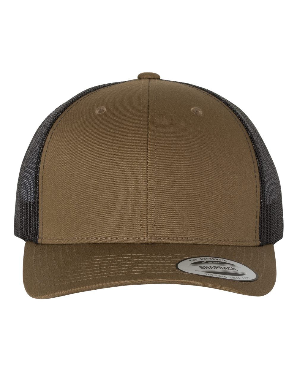 Brown and black trucker hat with mesh backing.