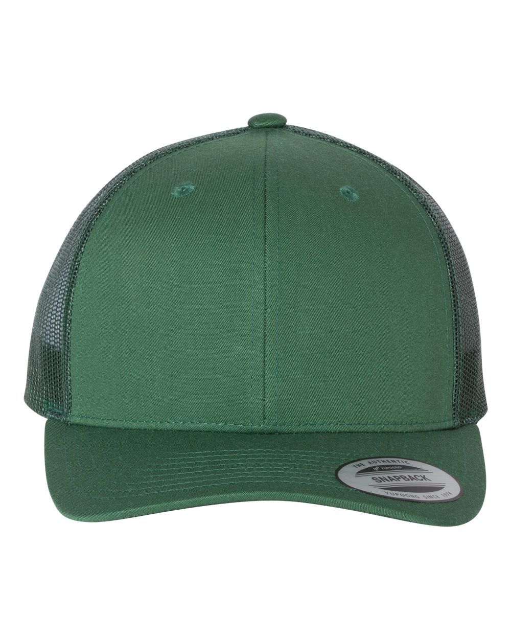 Green trucker hat with mesh backing and curved brim.