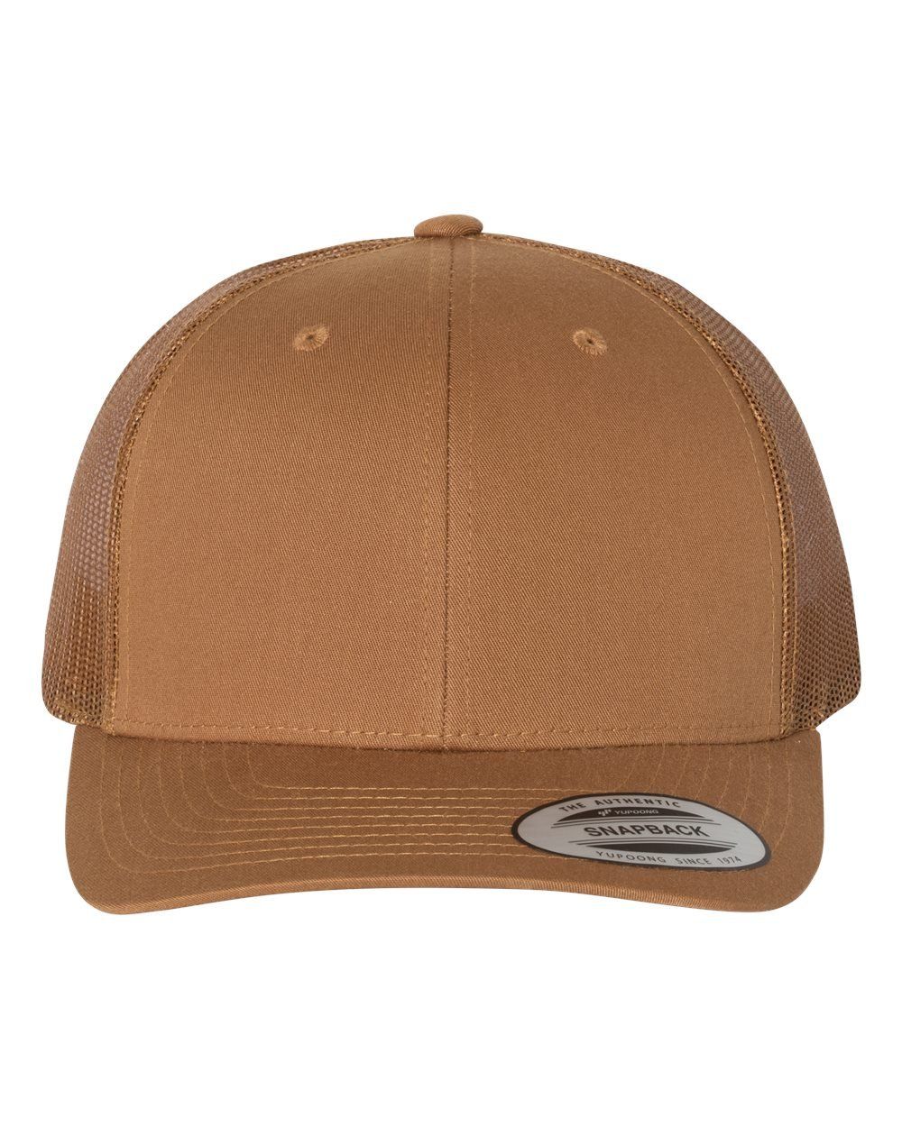 Brown trucker hat with a solid front panel and mesh back.