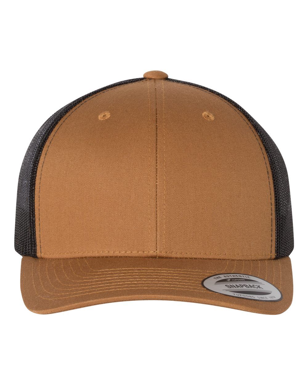 Tan and black trucker hat.