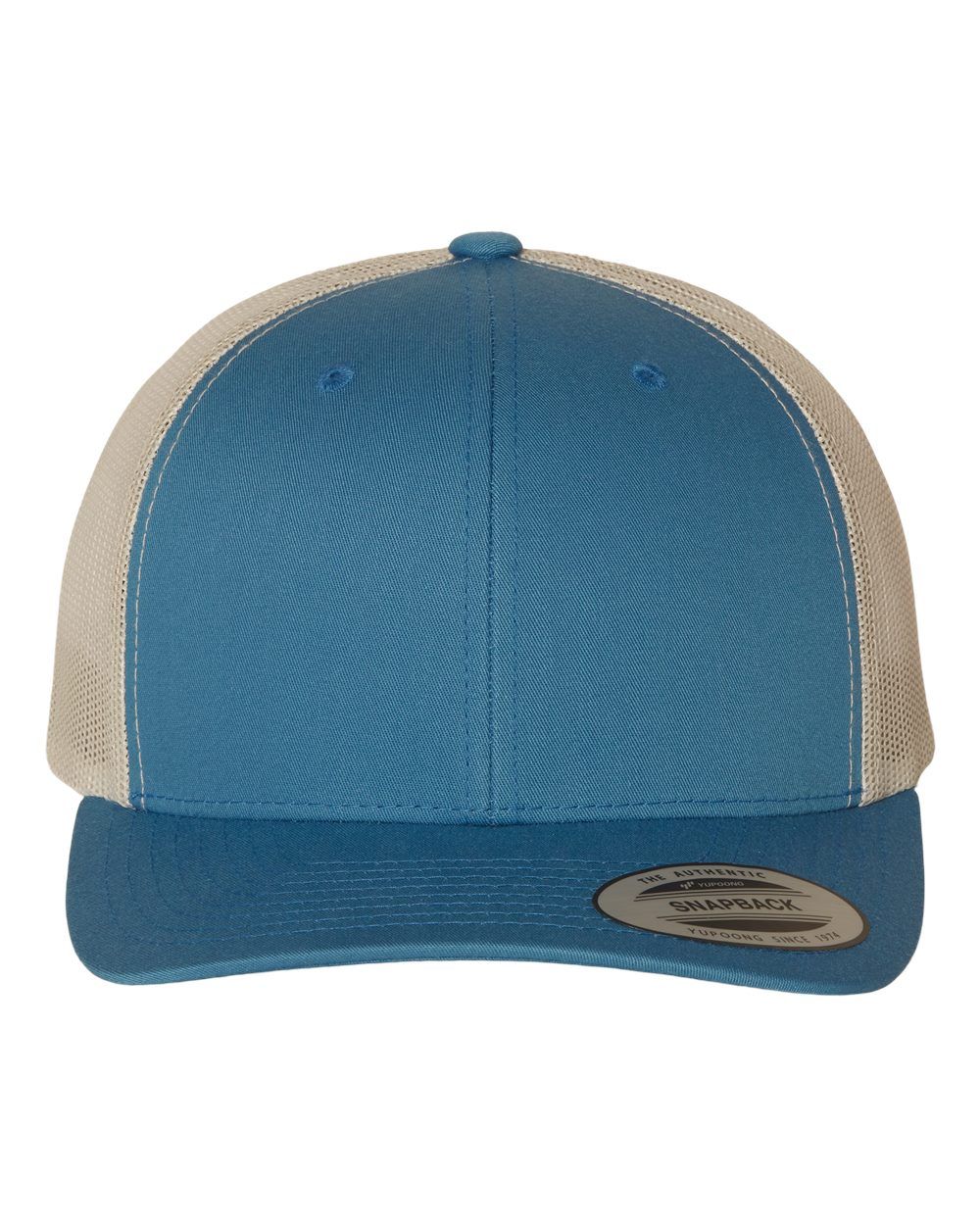 Blue and beige trucker hat with curved brim.